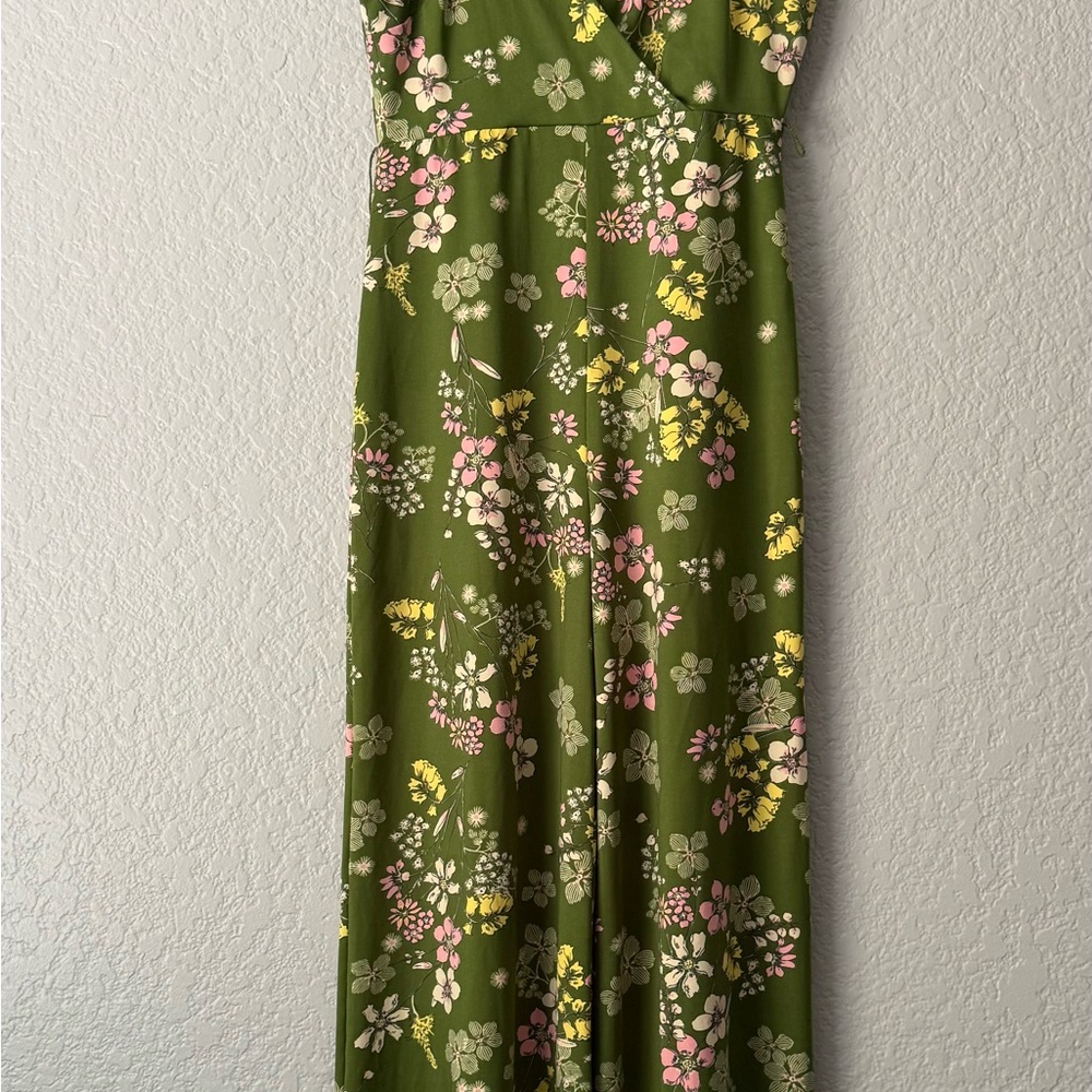 Forever 21 Green Floral Pantsuit Wide leg Spring V Neck Boho Size S - Picture 5 of 14